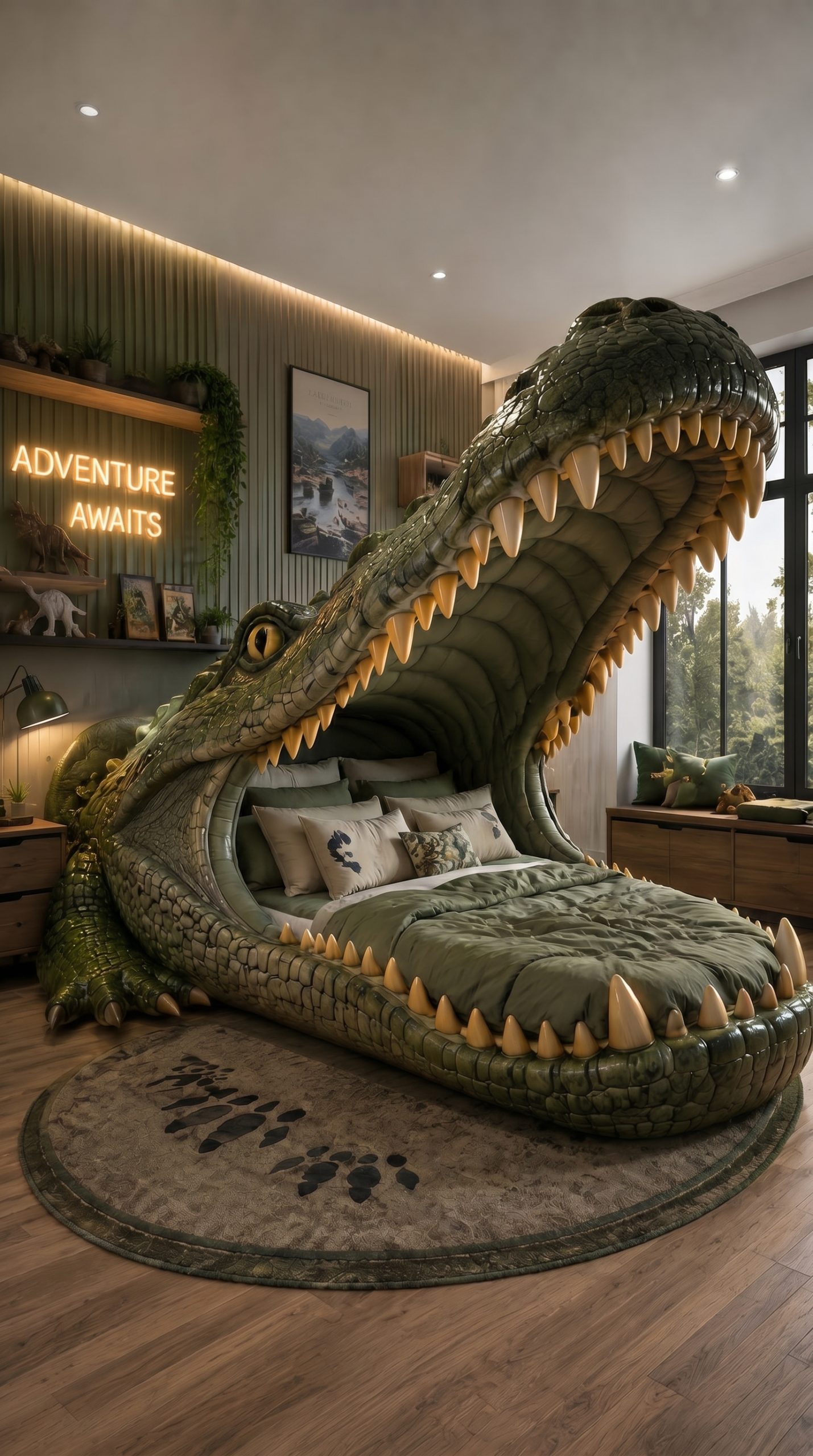 Oversized crocodile-shaped bed with open jaws in a luxury modern bedroom with warm lighting