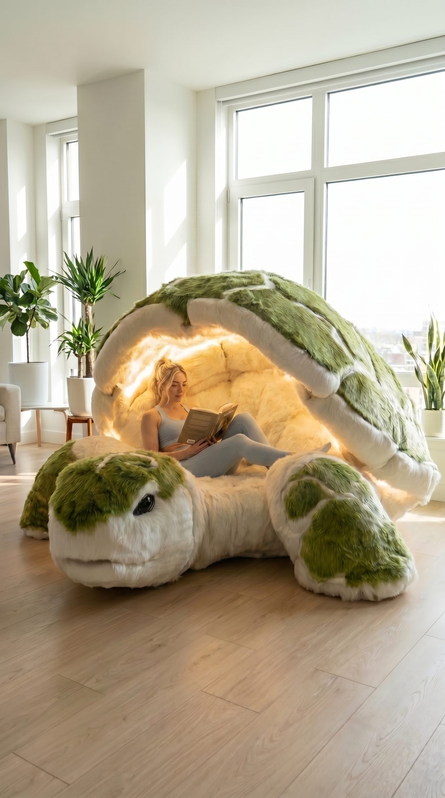Oversized turtle-shaped reading pod with glowing interior and plush faux-fur seating in a modern home