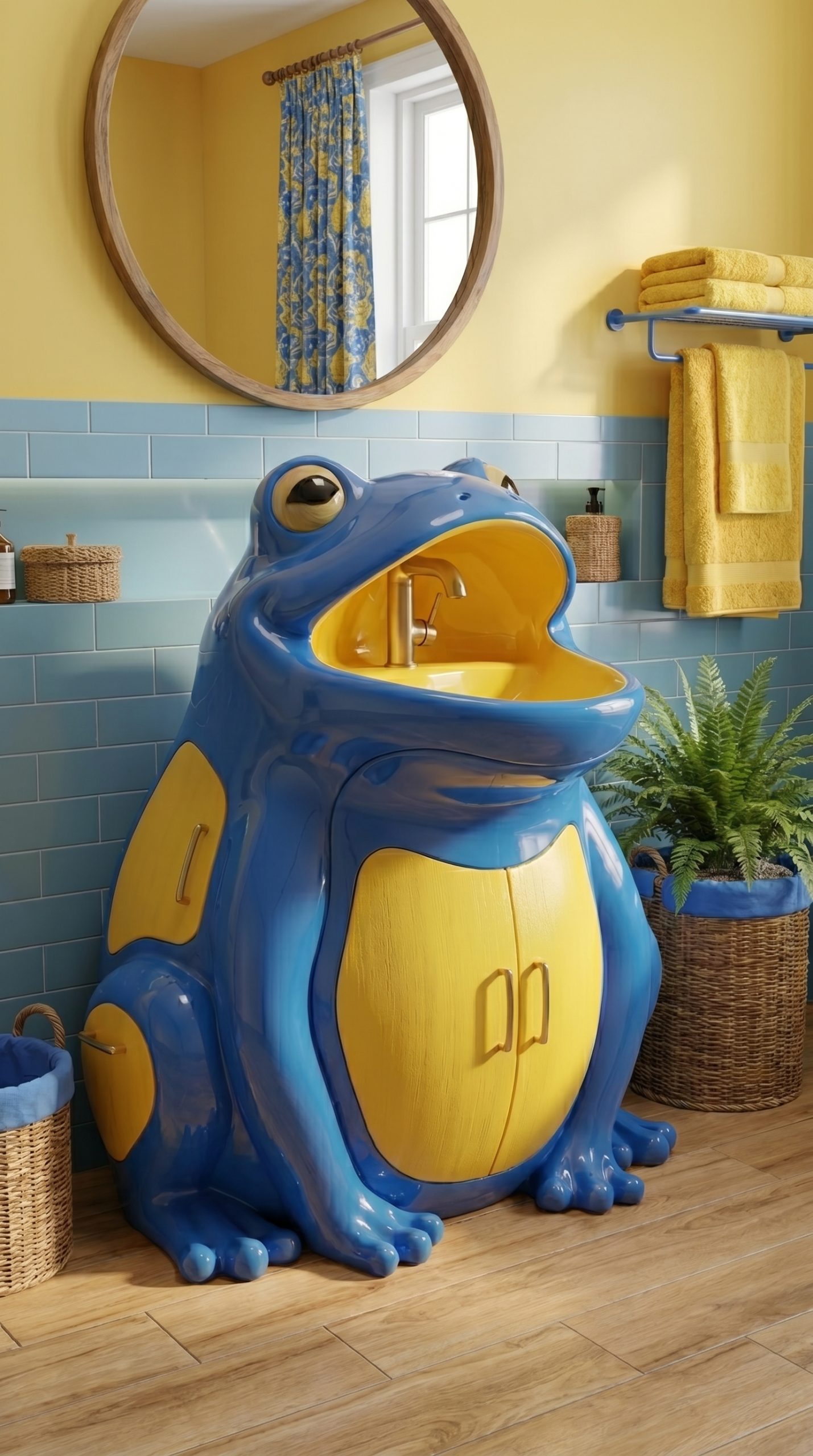 Bright blue and yellow frog-shaped bathroom vanity unit with built-in sink and storage cabinets