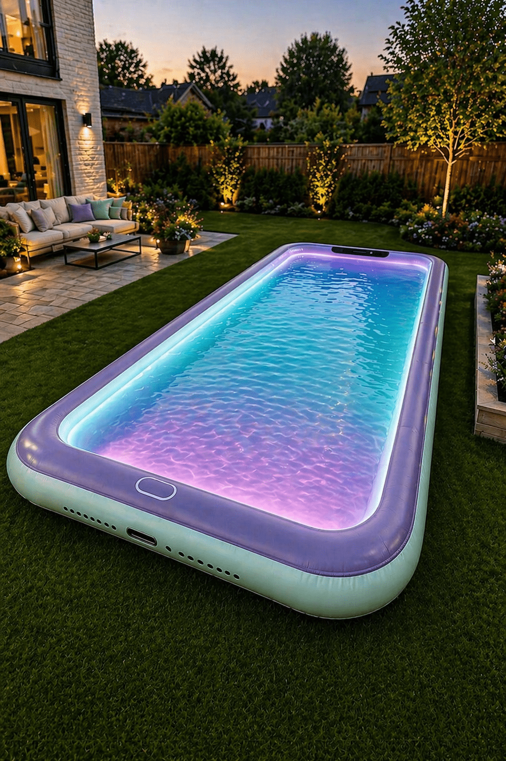 inflatable paddling pool with pastel LED lighting in purple and blue tones in a stylish garden