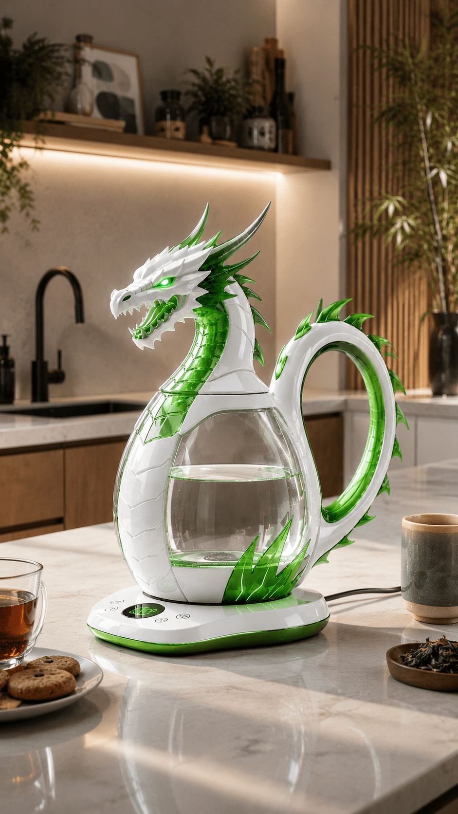 Green Dragon Kettle with glowing LED accents on a modern kitchen countertop