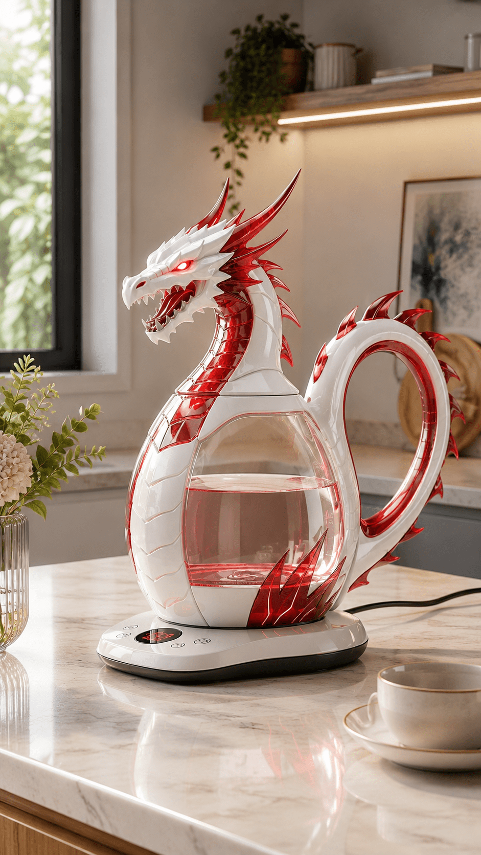 Red Dragon Kettle with illuminated scales and futuristic kitchen styling