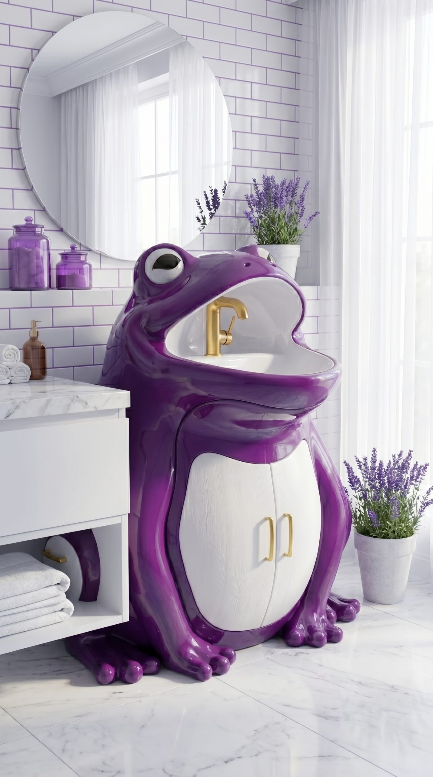 Purple frog-shaped bathroom vanity with white cabinet doors and gold sink tap in modern bathroom