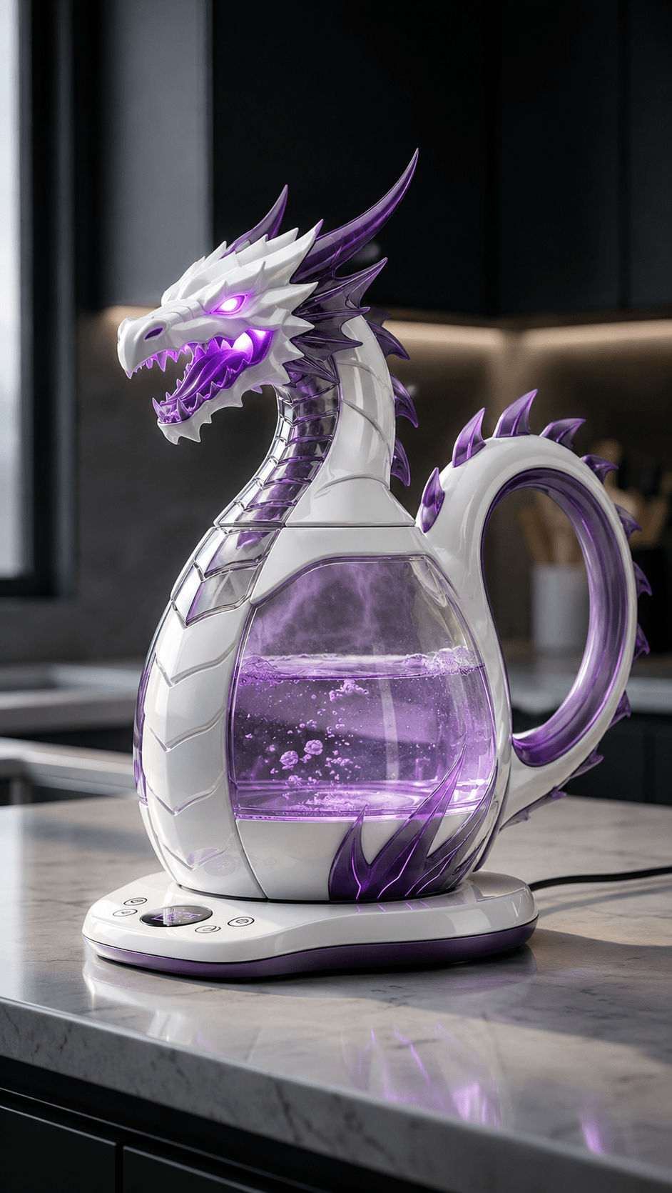 Purple Dragon Kettle featuring glowing boiling water and fantasy-inspired LED lighting