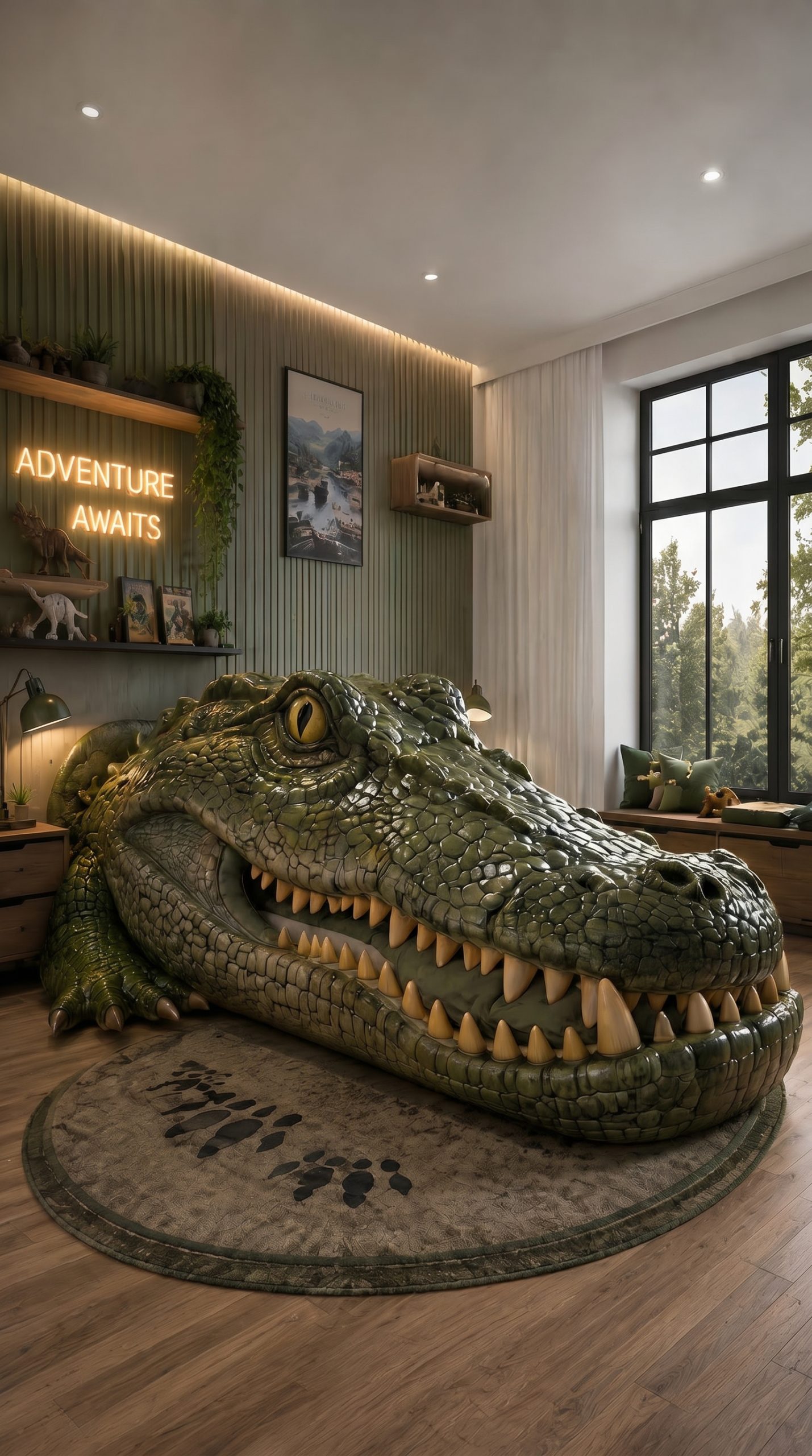 Man relaxing inside a giant crocodile-shaped bed with dramatic open-mouth canopy design