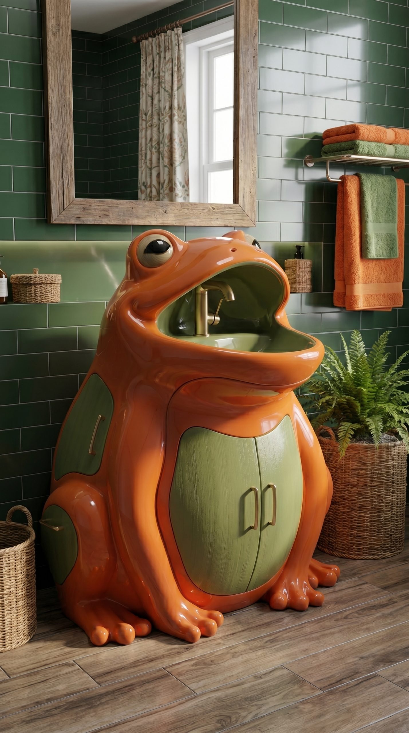 Orange and green frog-shaped bathroom vanity unit with wooden flooring and green tiled walls