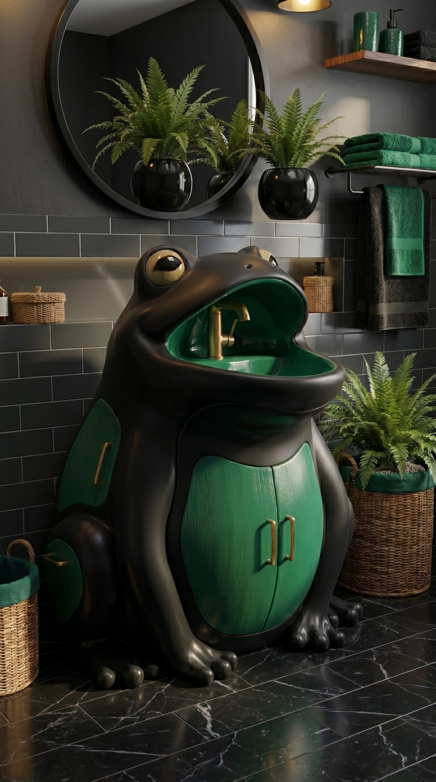 Black and green frog-shaped bathroom vanity unit with dramatic luxury bathroom décor
