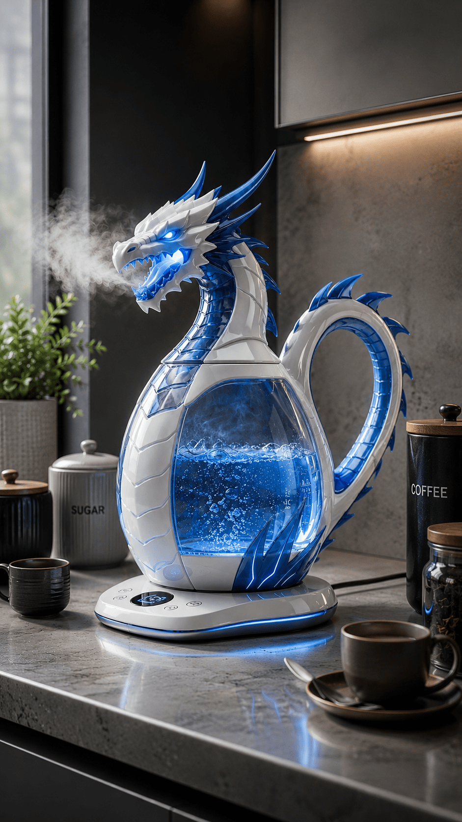 Blue Kettle releasing steam in a sleek modern kitchen interior