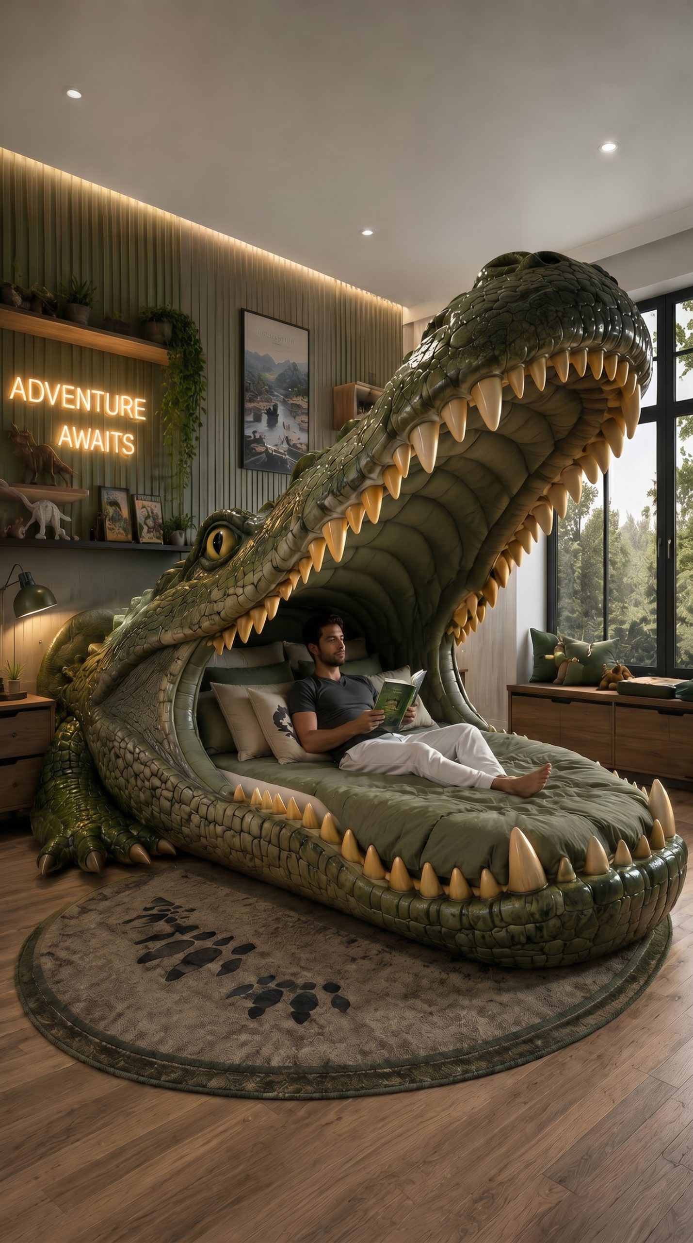 Realistic crocodile-shaped novelty bed with textured reptile scales in a stylish bedroom interior 
