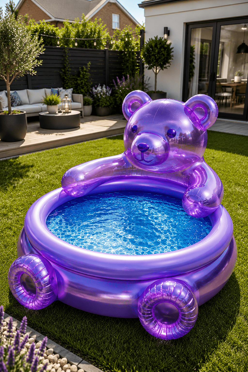 Transparent purple bear-shaped inflatable paddling pool filled with water in a stylish landscaped garden.