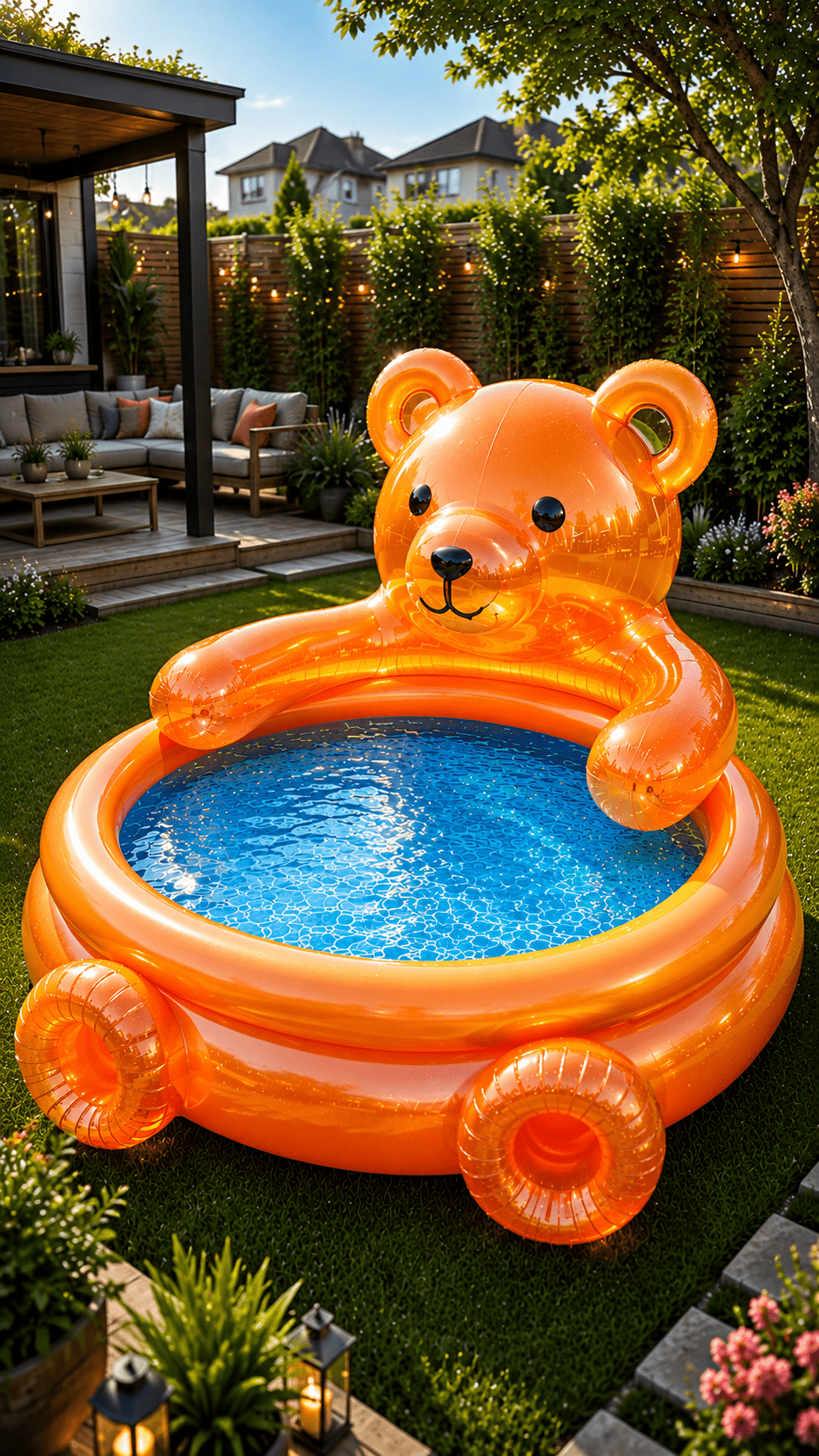Bright orange bear-shaped inflatable paddling pool positioned in a contemporary outdoor living space.