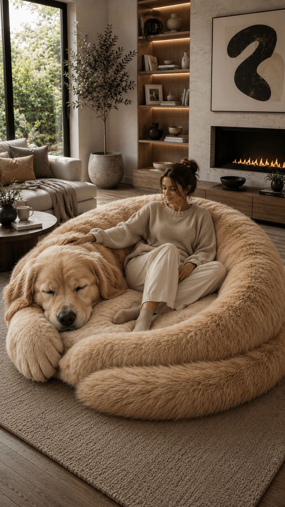 Oversized golden retriever-shaped fluffy lounger in a cosy modern living room with fireplace
