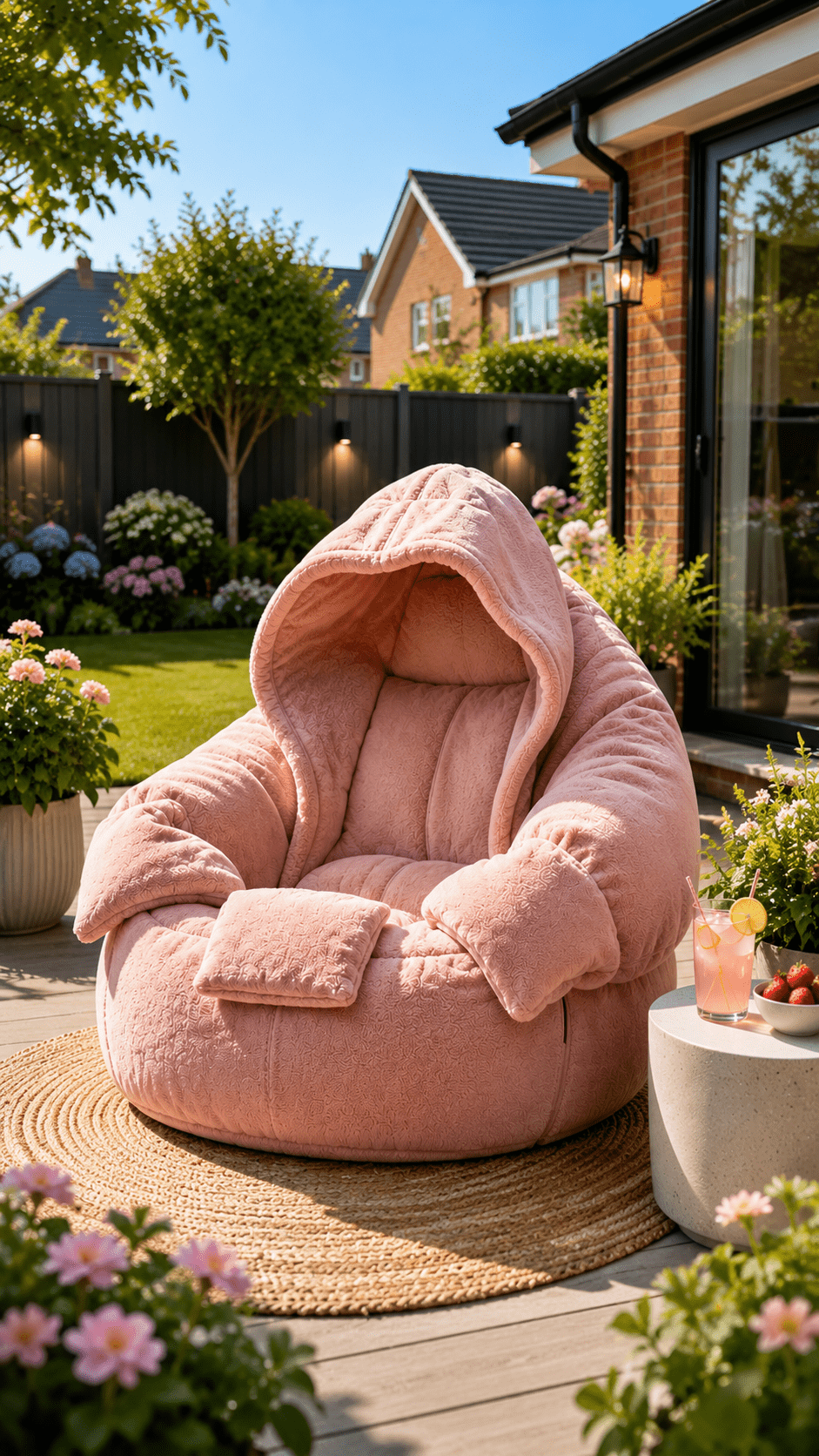 Blush pink outdoor hoodie bean bag chair positioned on a patio surrounded by flowers in a landscaped garden
