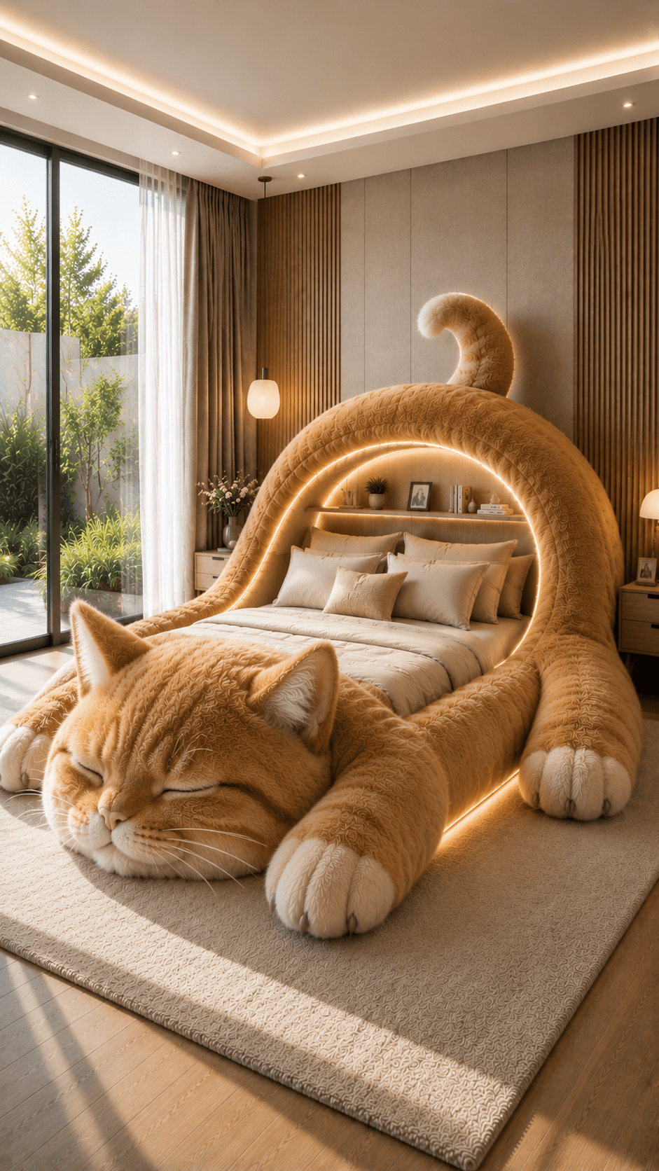 Giant ginger cat-shaped luxury bed frame with glowing LED headboard lighting in a modern bedroom.