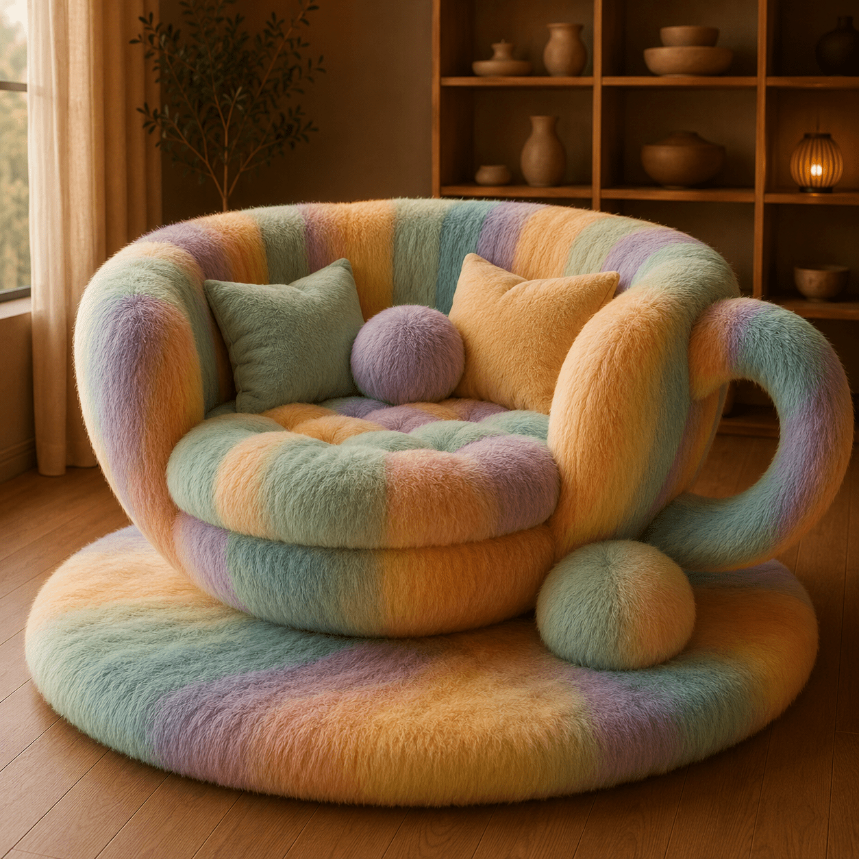 Oversized pastel rainbow mug-shaped fluffy lounge chair with soft cushions and circular matching rug
