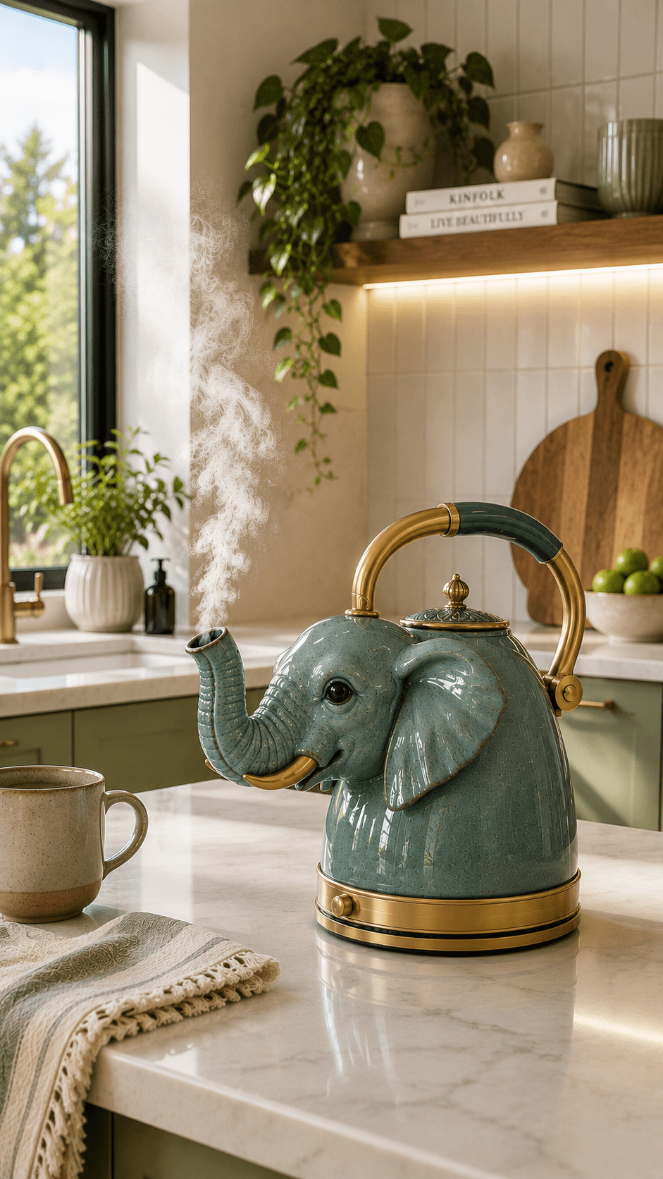 Pastel green elephant-shaped kettle with gold handle in a cheerful cottage-style kitchen