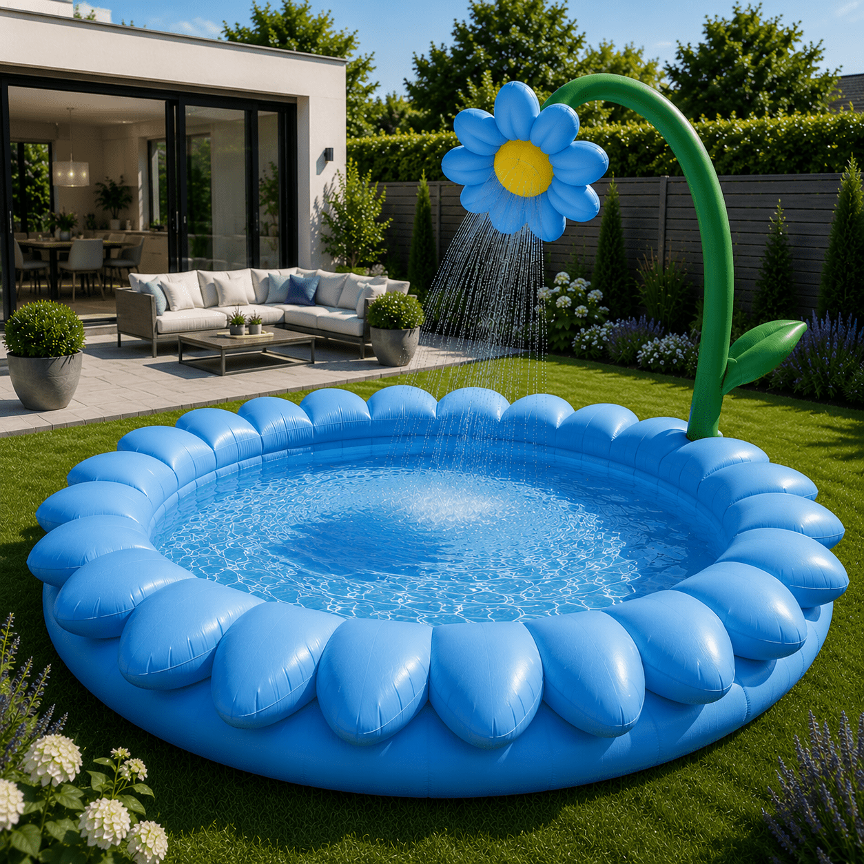 Bright blue flower-shaped inflatable paddling pool with giant floral sprinkler and clear water