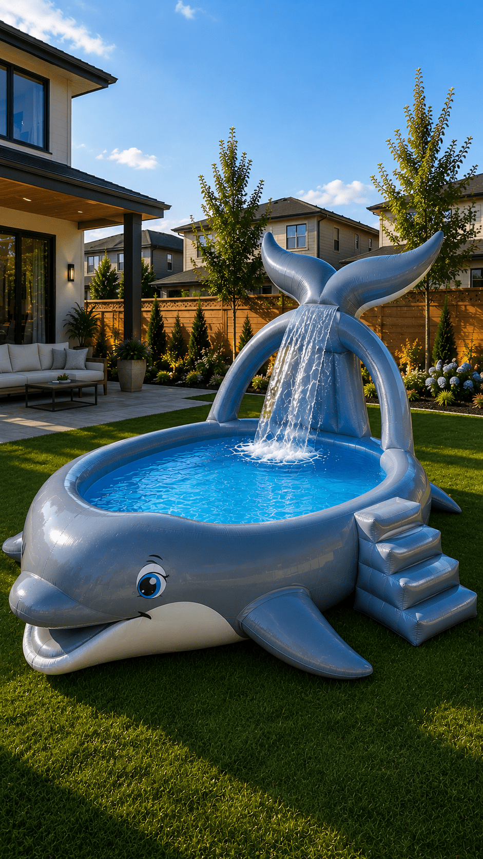 Large dolphin-themed inflatable paddling pool with cascading waterfall and inflatable steps