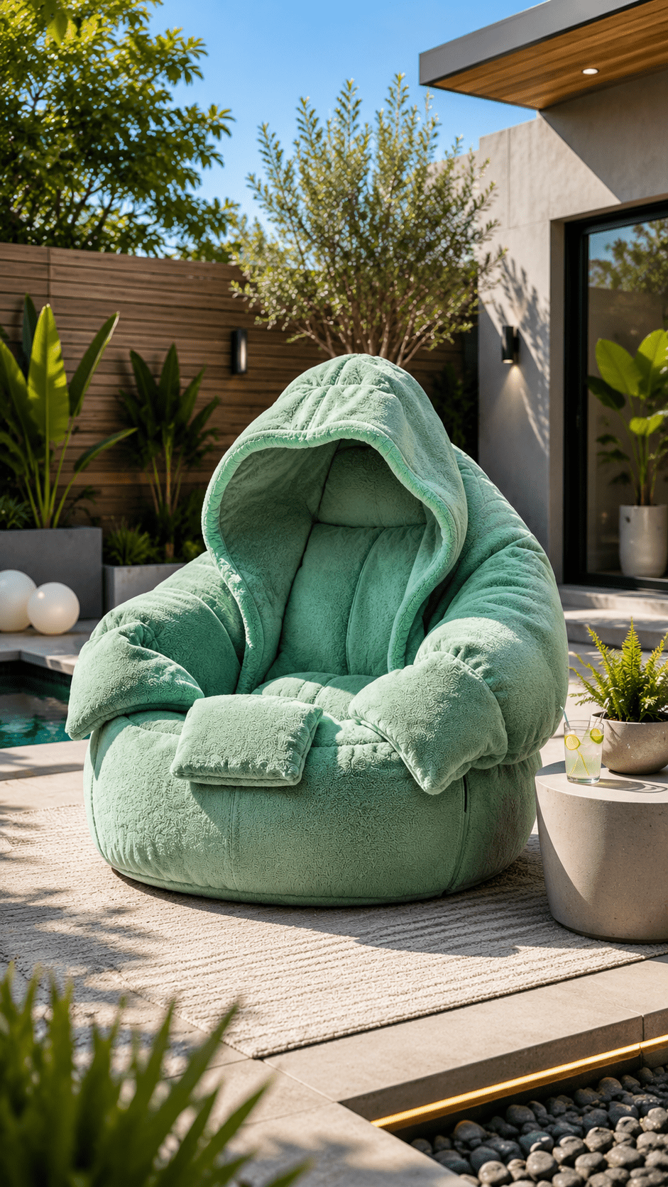 Mint green outdoor hoodie bean bag chair beside a modern swimming pool with contemporary garden landscaping