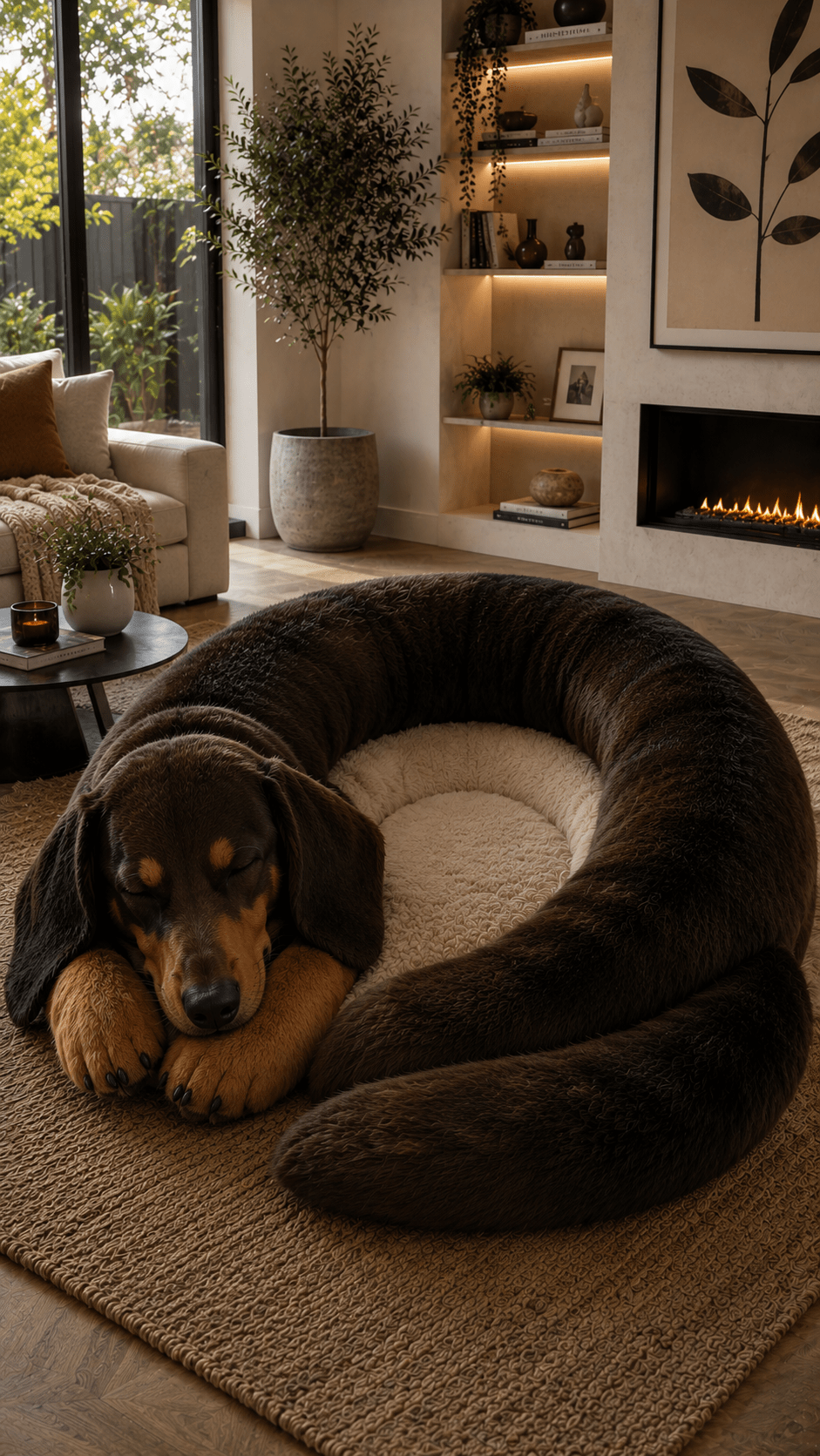 Oversized dark brown dog-shaped fluffy lounger in a warm contemporary living room