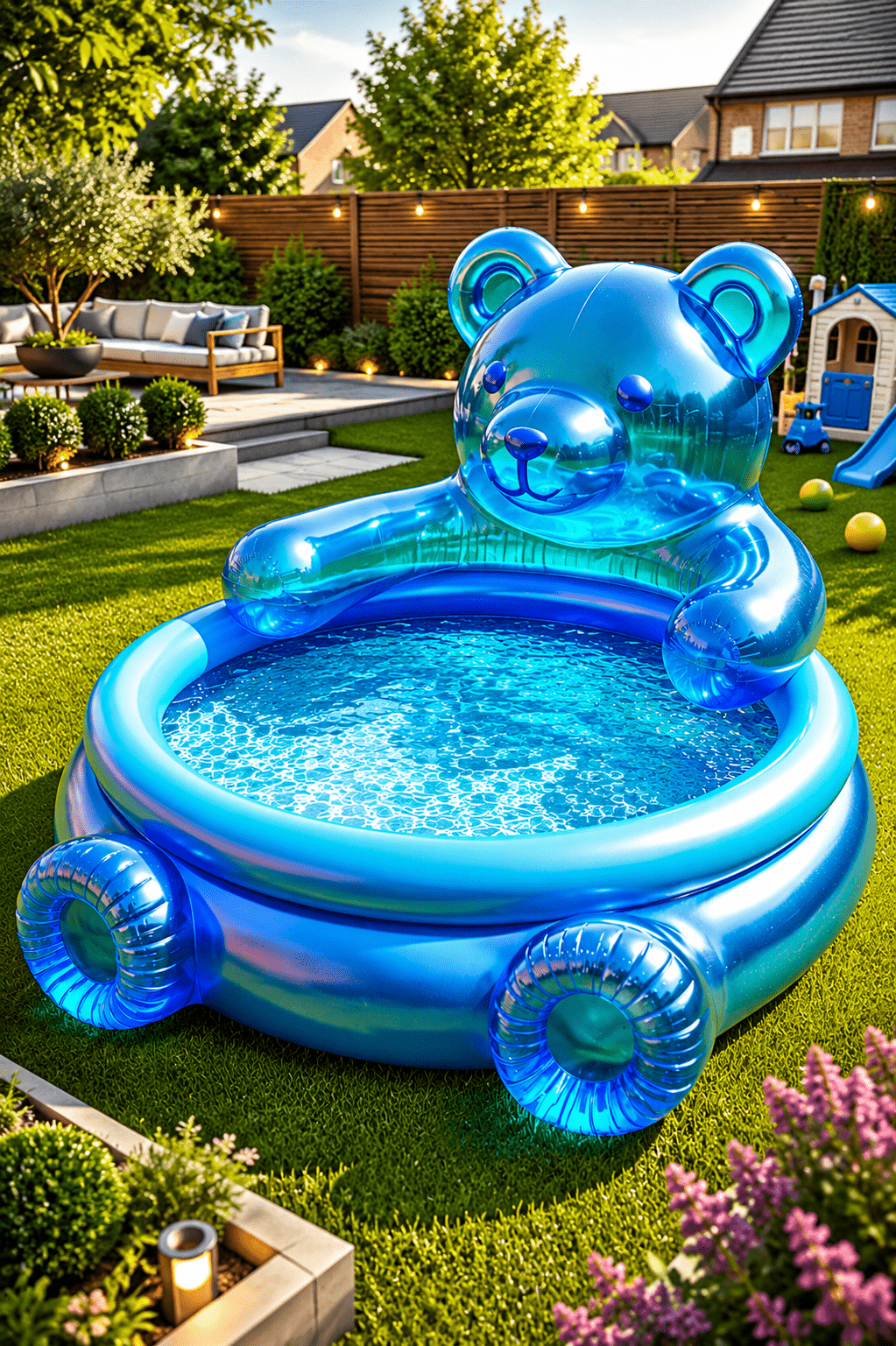 Blue bear-shaped inflatable paddling pool with clear water in a family-friendly back garden.