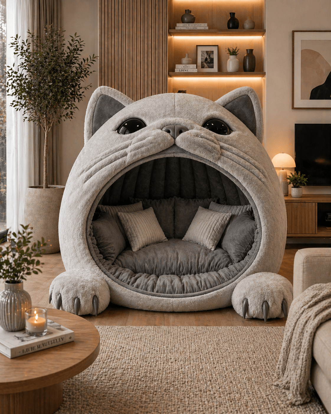 modern grey cat-shaped lounge pod chair with enclosed cushioned seating area