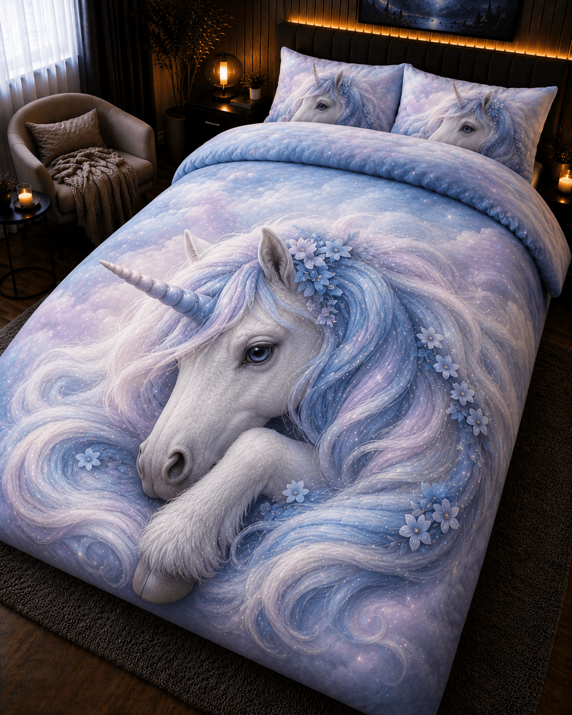 Lavender galaxy-themed unicorn bedding set with celestial pastel clouds and magical fantasy artwork
