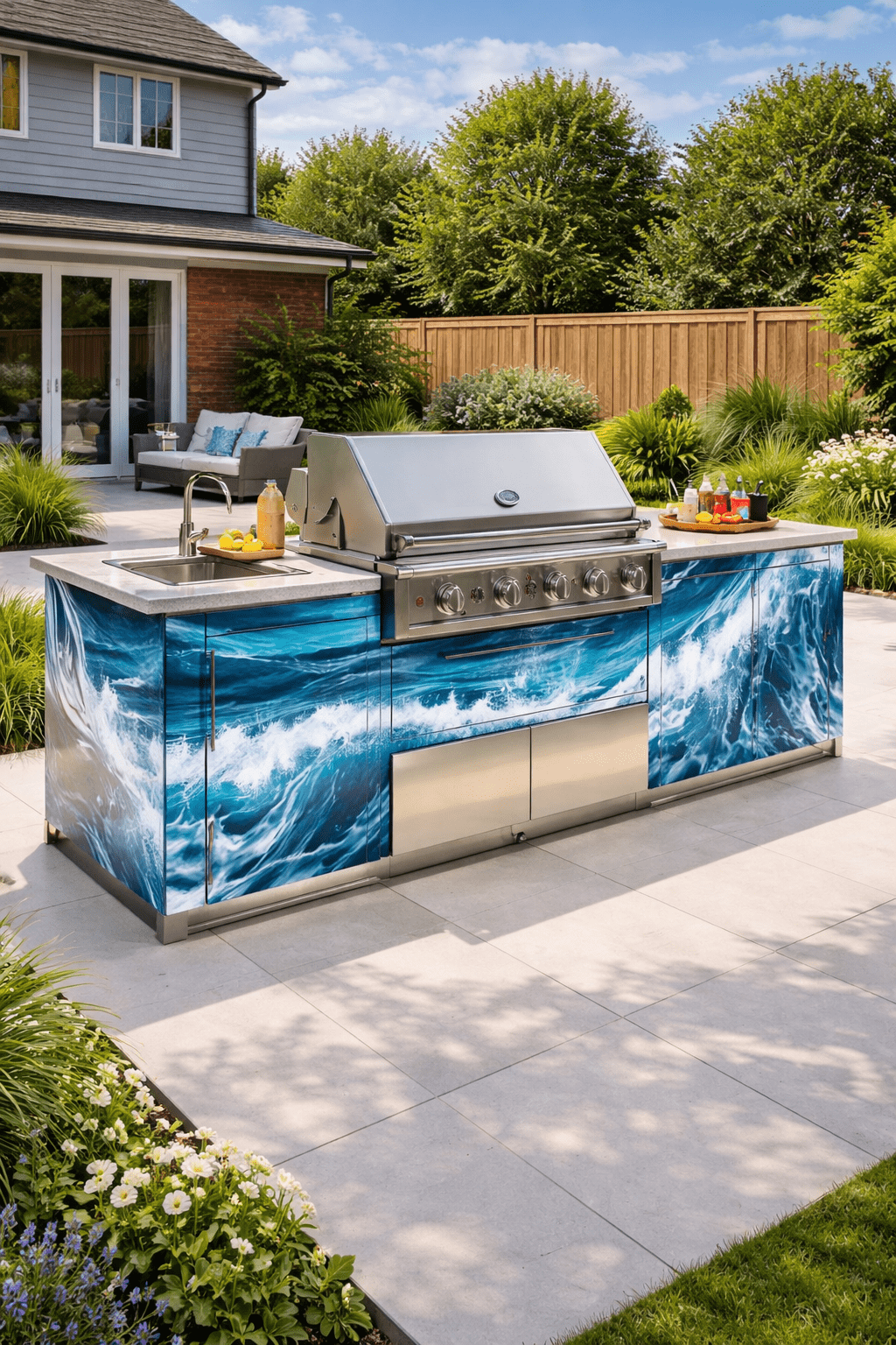 Modern outdoor BBQ kitchen island featuring vibrant ocean wave artwork and luxury stainless steel cooking station