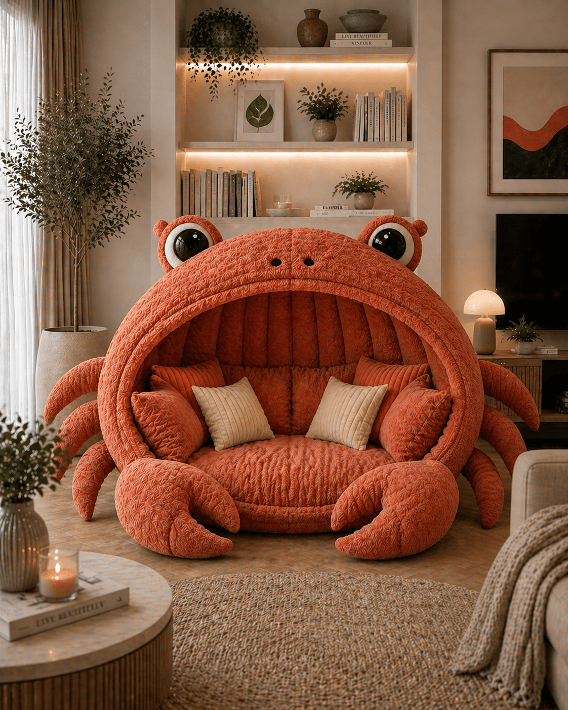 Large orange crab-shaped lounge chair with soft cushioned interior and coastal-inspired living room décor