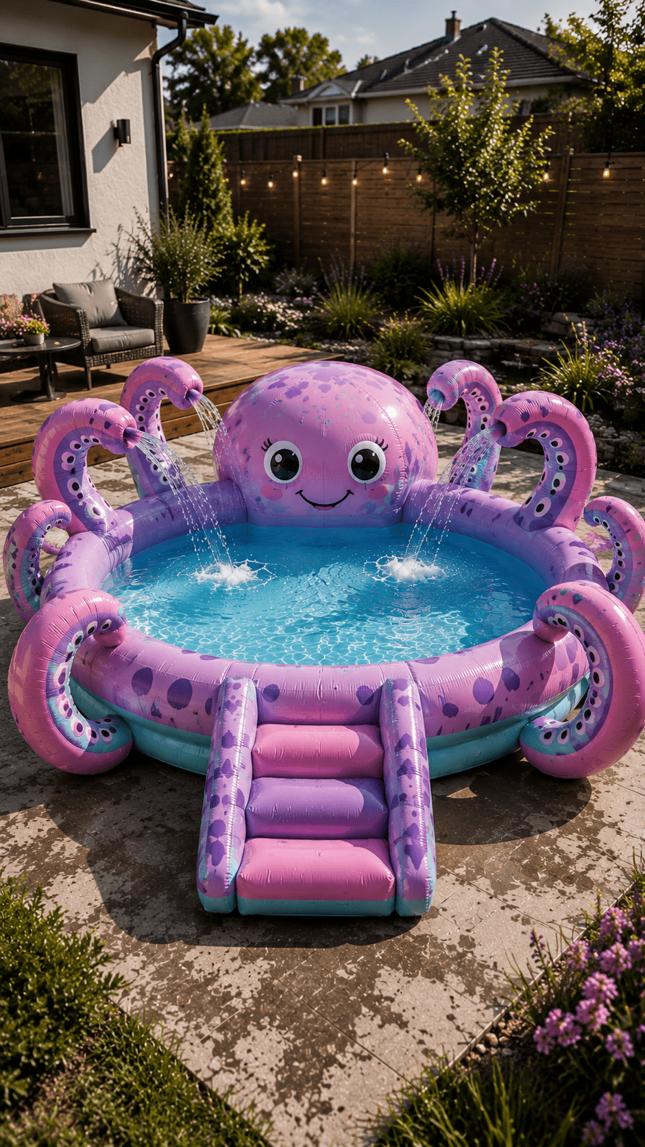 Large pastel pink inflatable octopus paddling pool with spraying tentacles in a modern garden