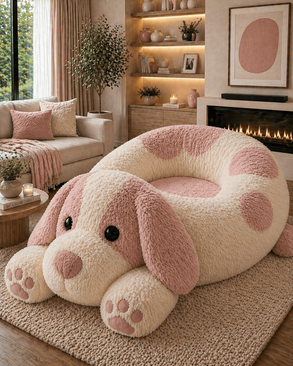 Cute pink and cream plush dog-shaped lounge chair in a stylish warm-toned living room