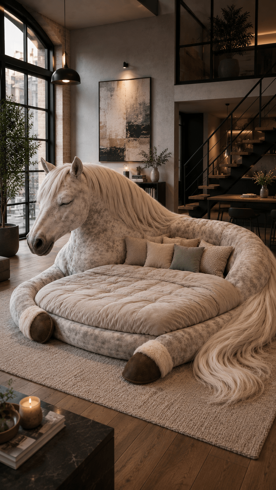 Oversized horse-shaped lounge bed with plush cushions inside a modern luxury loft apartment