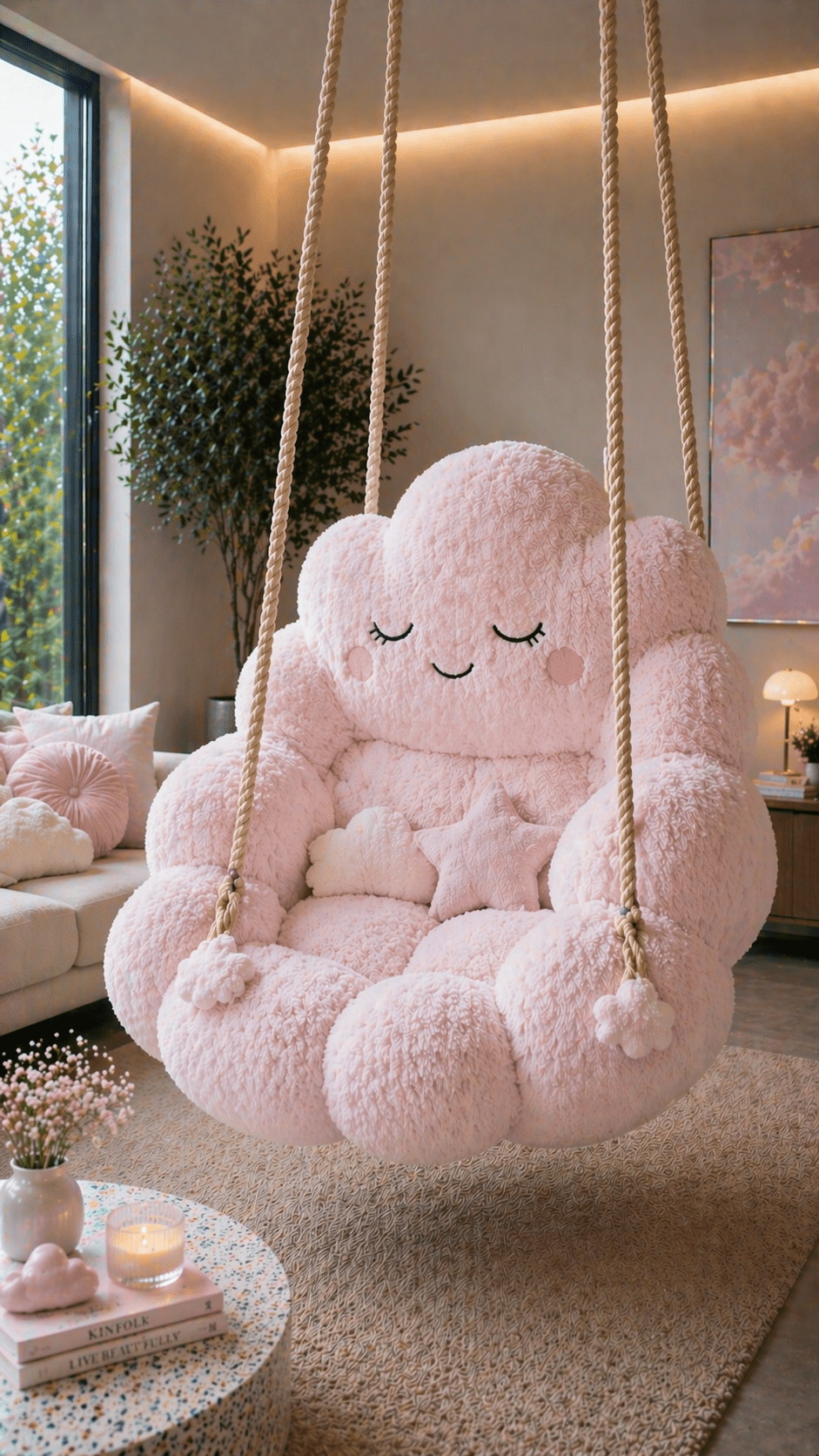 Oversized pink cloud-shaped hanging chair with plush cushions suspended in a modern cosy living room