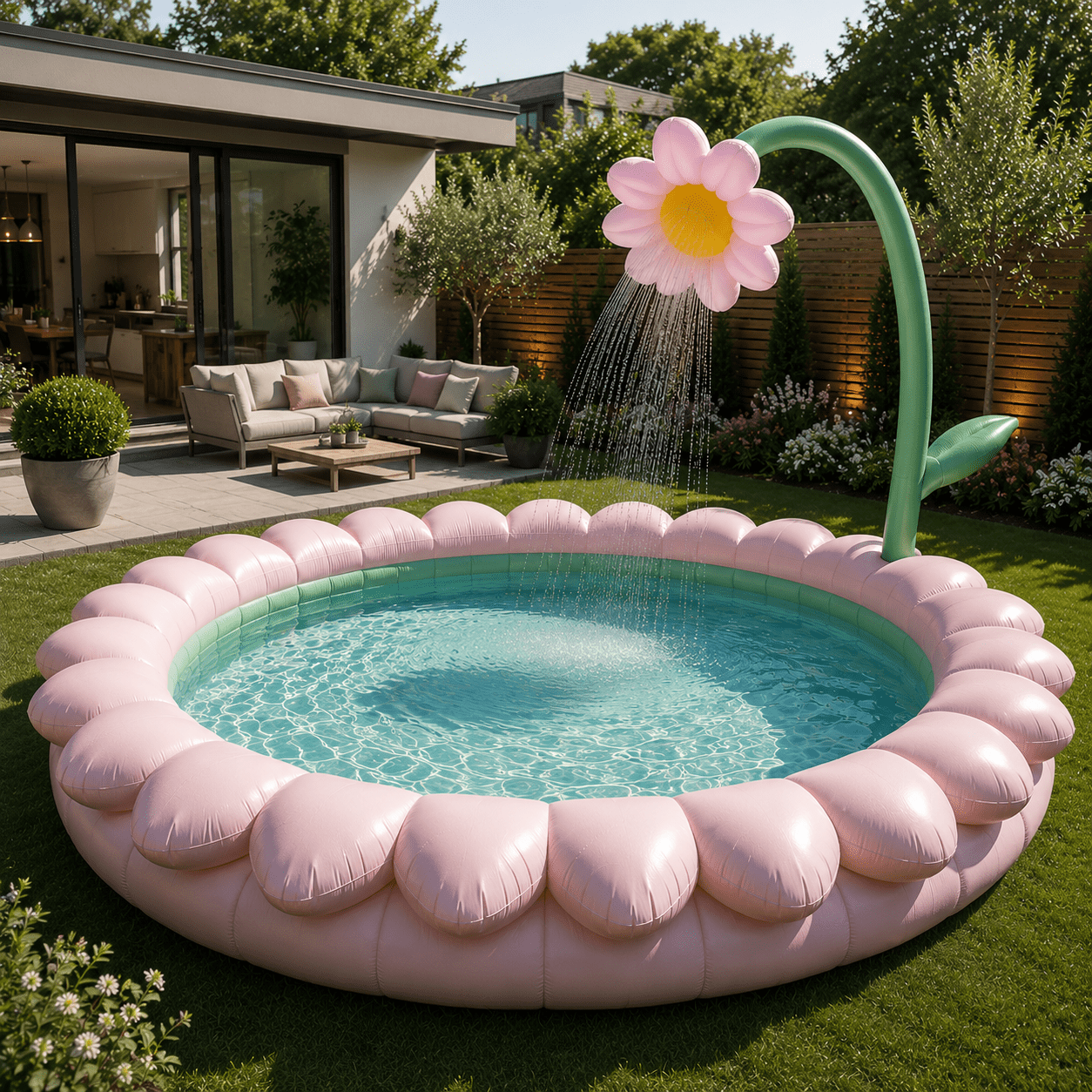 Pastel pink flower-themed inflatable paddling pool with floral sprinkler water feature in luxury garden