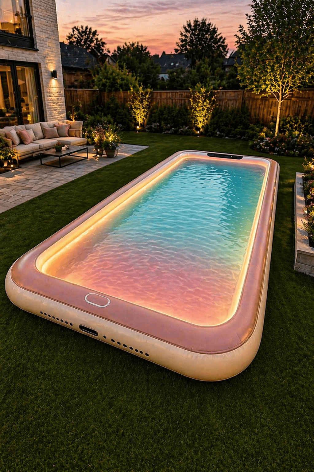 inflatable LED paddling pool with warm orange lighting in a landscaped suburban UK garden at sunset