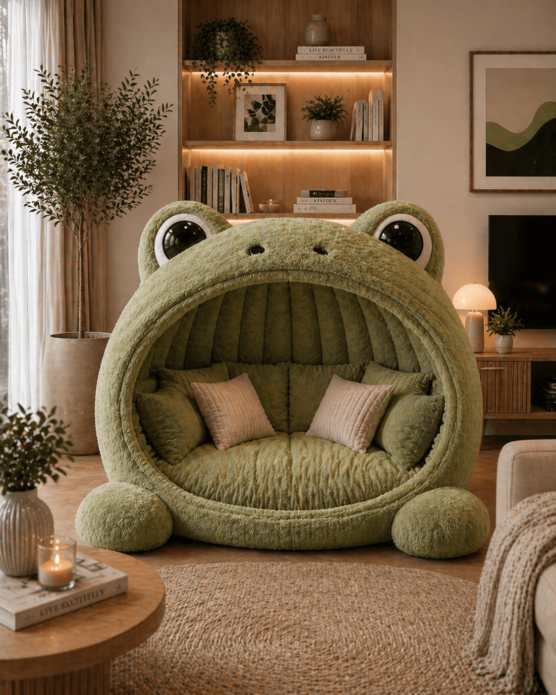 Green frog-shaped plush lounge chair styled with plants and warm wooden tones in a cosy home