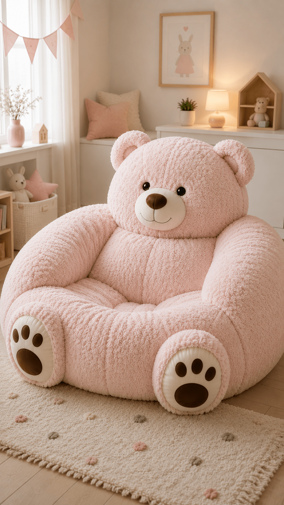 Soft pink armchair in a cosy pastel nursery bedroom with plush décor and warm lighting