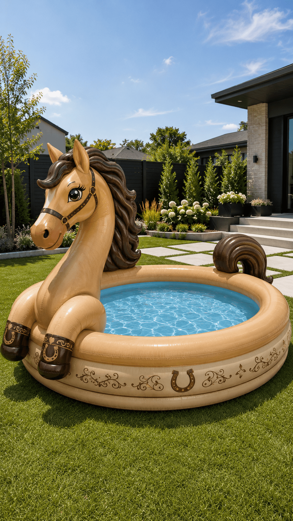 Giant beige horse-shaped inflatable paddling pool in a modern suburban garden