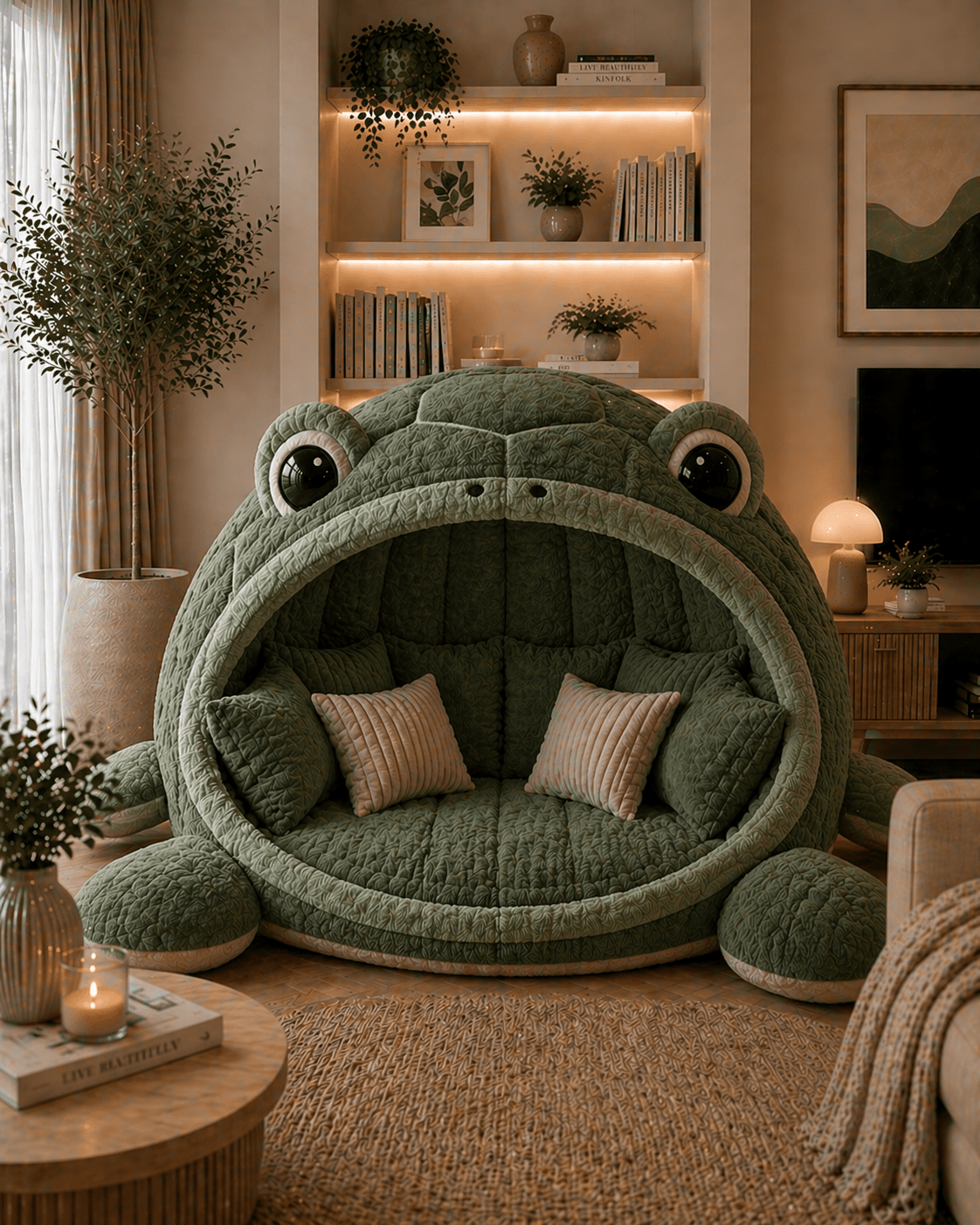 Oversized green sea creature-shaped lounge chair with plush quilted fabric in cosy modern living room