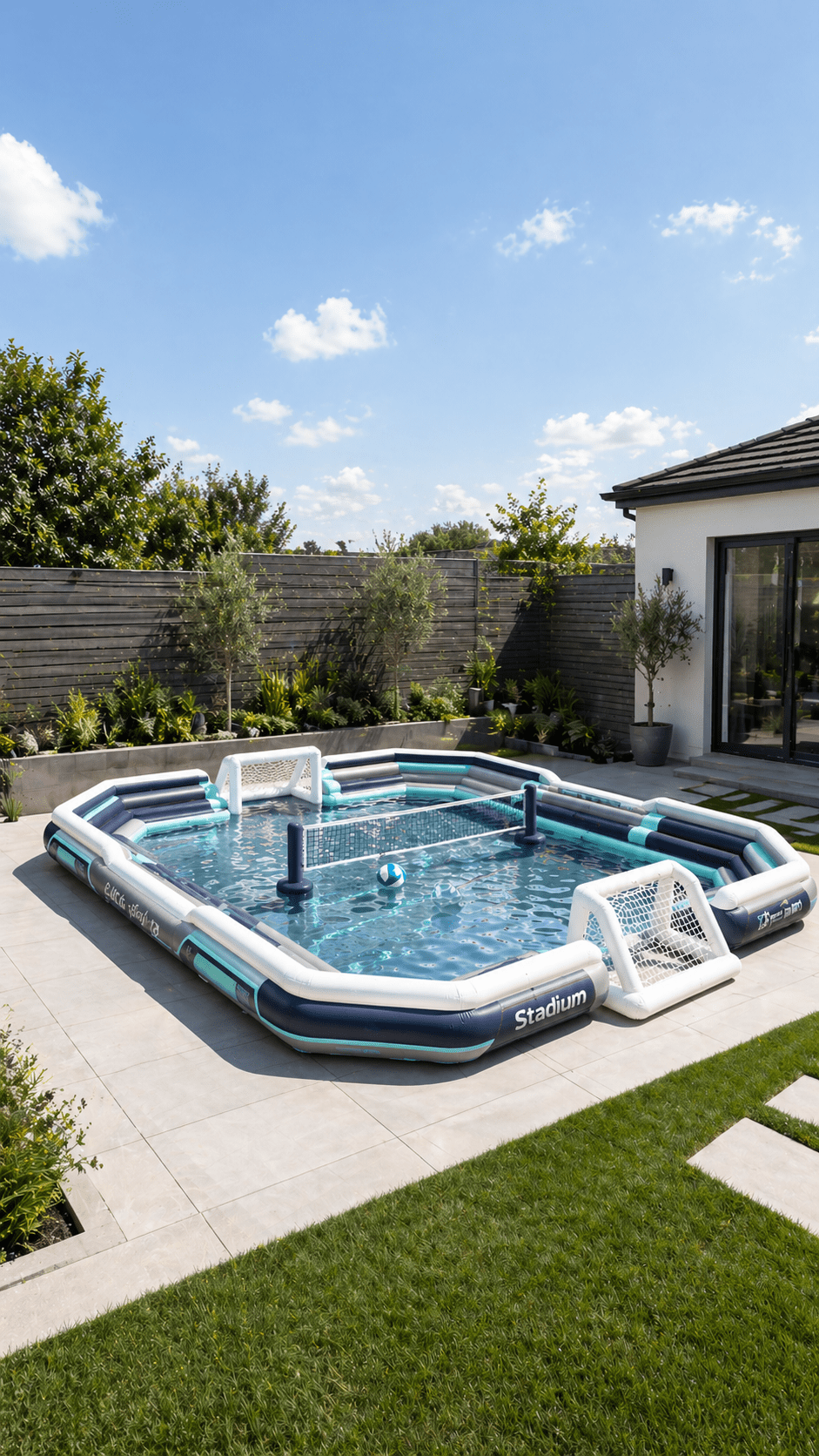 Modern inflatable stadium-style sports pool with volleyball net and goals in a stylish contemporary garden