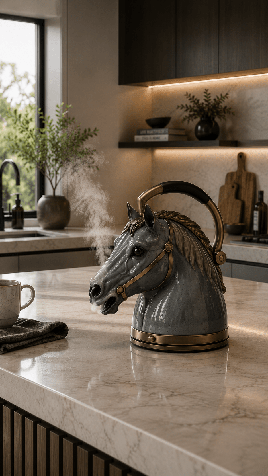 Grey ceramic horse-shaped kettle with bronze accents in a modern luxury kitchen