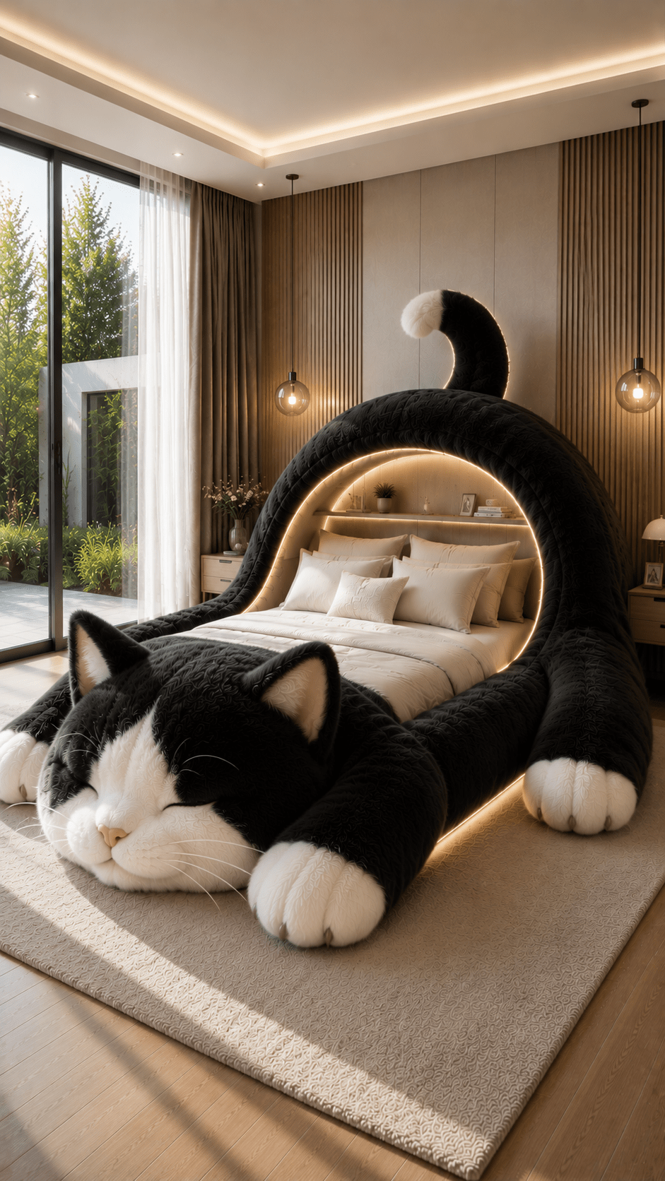 Oversized black and white cat-shaped bed with illuminated canopy and cosy modern bedroom décor.