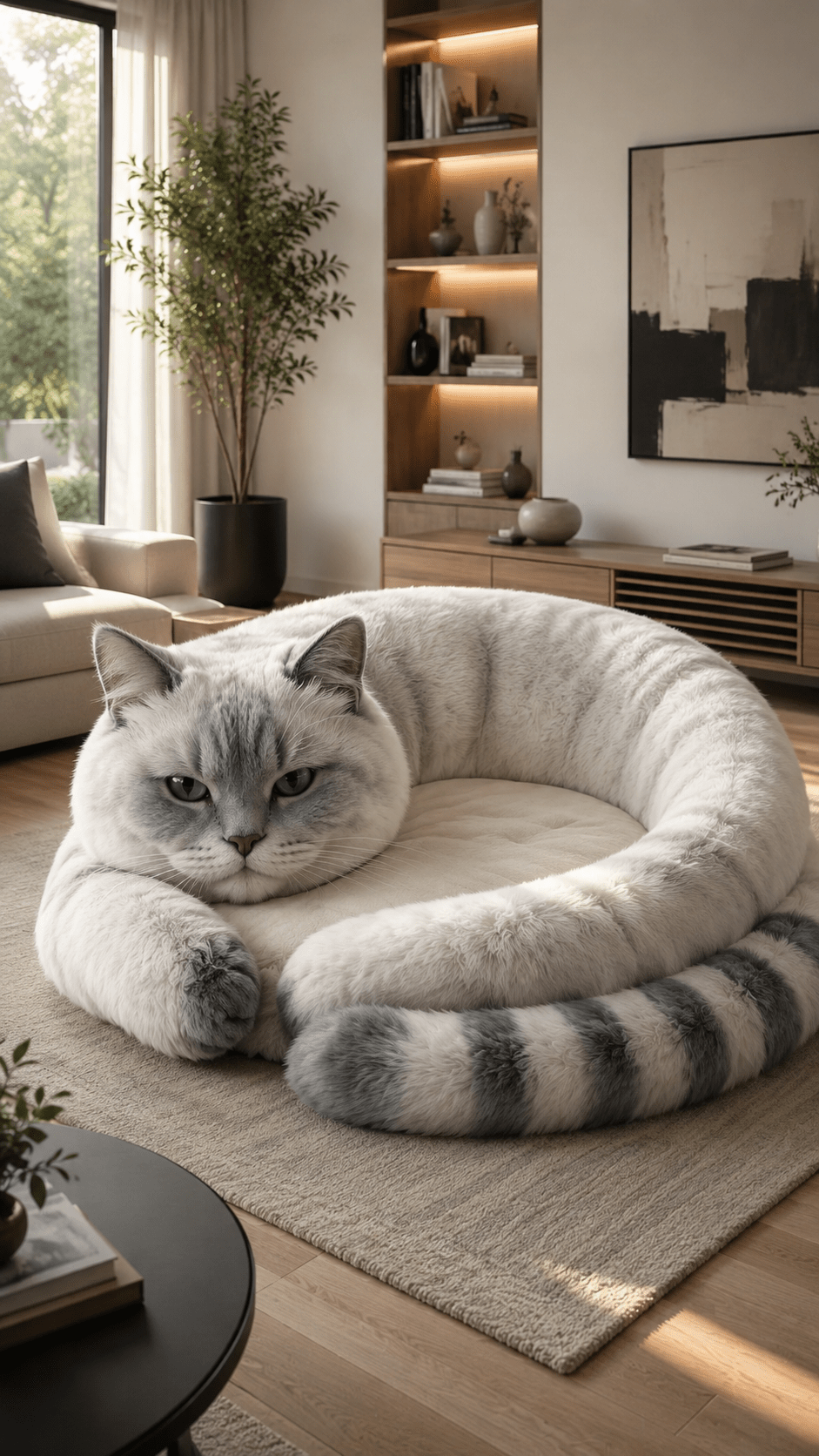 Large white cat-shaped chair with striped tail in a bright minimalist living room