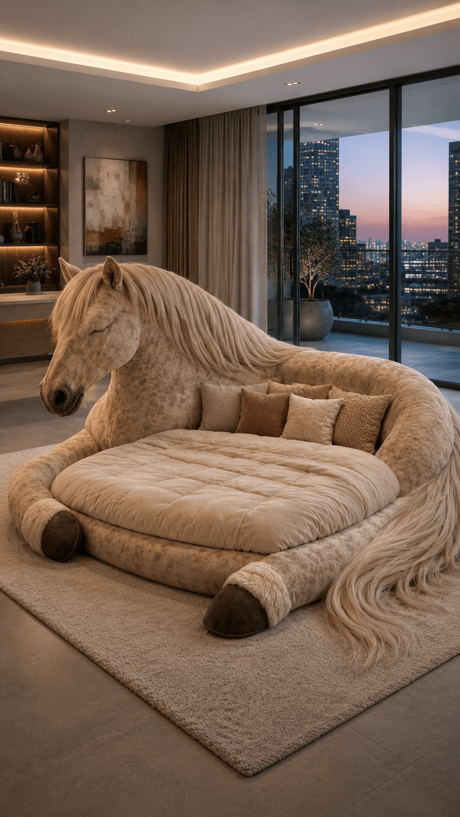 Giant horse-shaped sofa bed with soft neutral cushions in a contemporary apartment interior