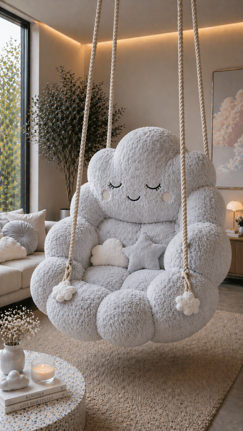 Large grey cloud-inspired hanging chair with soft plush texture in a contemporary home interior