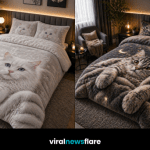 Collection of cat-themed 3D duvet covers in cosy modern bedrooms with warm lighting