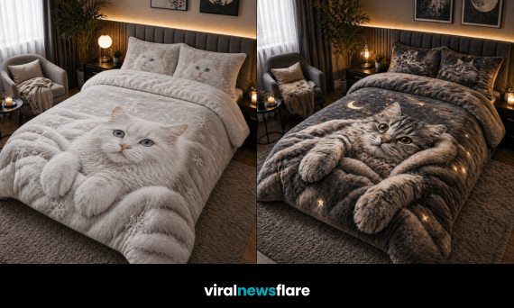 Collection of cat-themed 3D duvet covers in cosy modern bedrooms with warm lighting