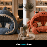 Collection of oversized sea creature-shaped lounge chairs including crab, fish, and shark-inspired seating pods
