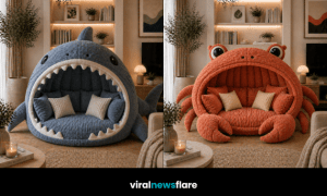 Collection of oversized sea creature-shaped lounge chairs including crab, fish, and shark-inspired seating pods