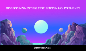 Futuristic crypto-themed artwork featuring a neon landscape and the title “Dogecoin’s Next Big Test: Bitcoin Holds the Key” against a purple and blue digital backdrop.